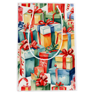 Colourful Christmas Gifts Watercolor Pattern Medium Gift Bag