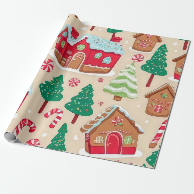 Colourful Christmas Gingerbread Houses Tree Patter Wrapping Paper (Unrolled)