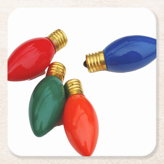 Colourful Christmas Light Bulbs Square Paper Coaster (Front)