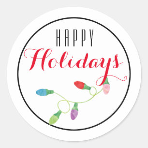 Colourful Christmas Light Happy Holiday/ White Classic Round Sticker