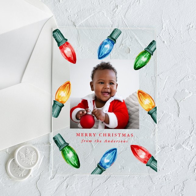 Colourful Christmas Lights Acrylic Holiday Photo Acrylic Invitations (Creator Uploaded)