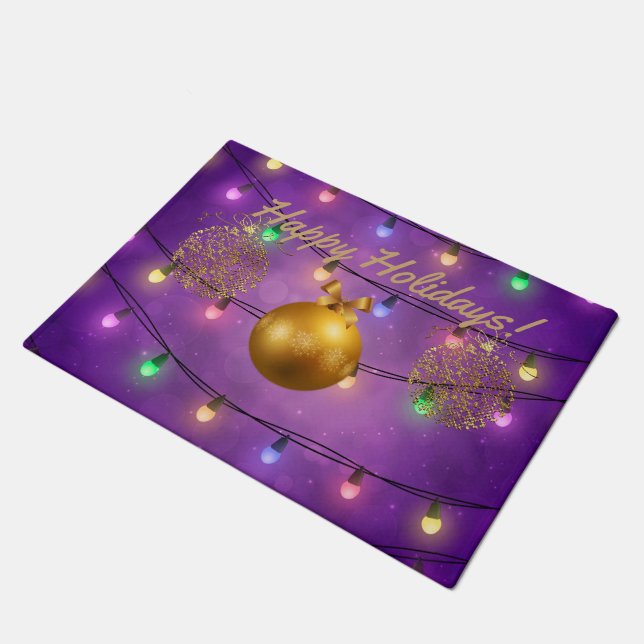 Colourful Christmas Lights & Golden Ornaments Doormat (Angled)