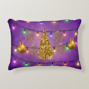 Colourful Christmas Lights Golden Tree & Ornaments Decorative Pillow