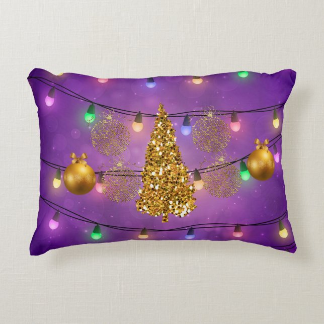 Colourful Christmas Lights Golden Tree & Ornaments Decorative Pillow (Front)