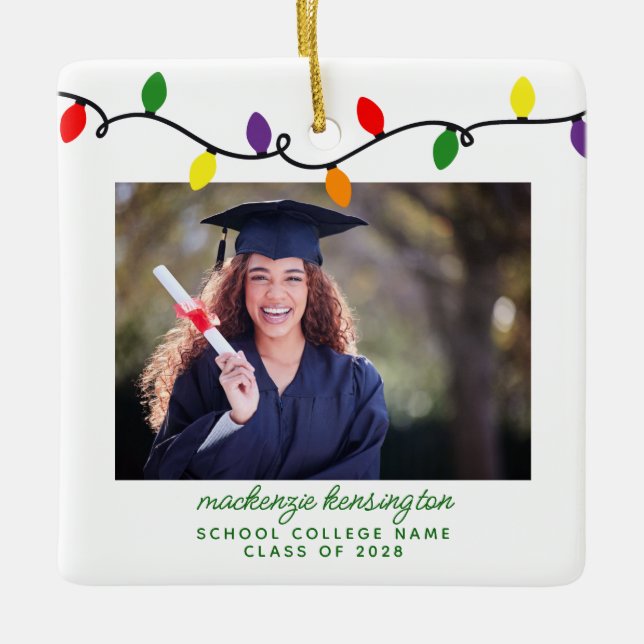 Colourful Christmas Lights Graduation Photo Ceramic Ornament (Front)