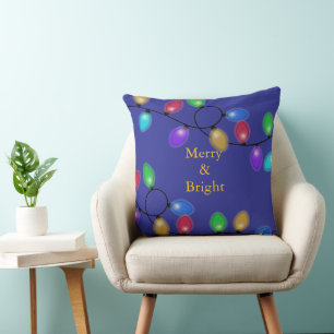 Colourful Christmas Lights On Blue  Throw Pillow