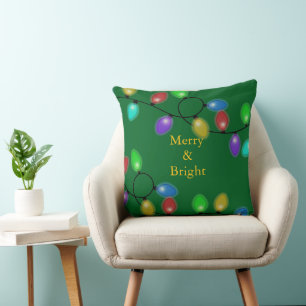 Colourful Christmas Lights On Green Throw Pillow