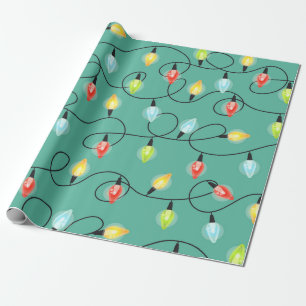Colourful Christmas Lights on Green Wrapping Paper