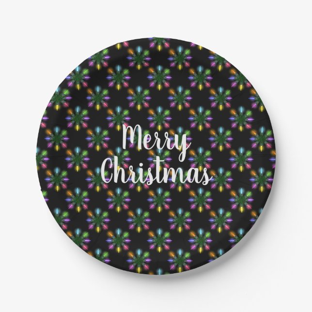 colourful Christmas lights snowflake Paper Plate (Front)