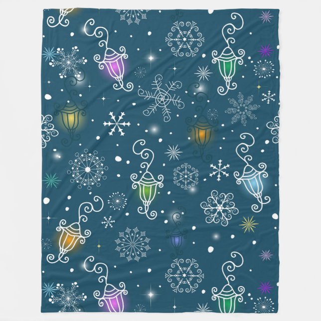 Colourful Christmas Lights & White Snowflakes Fleece Blanket (Front)