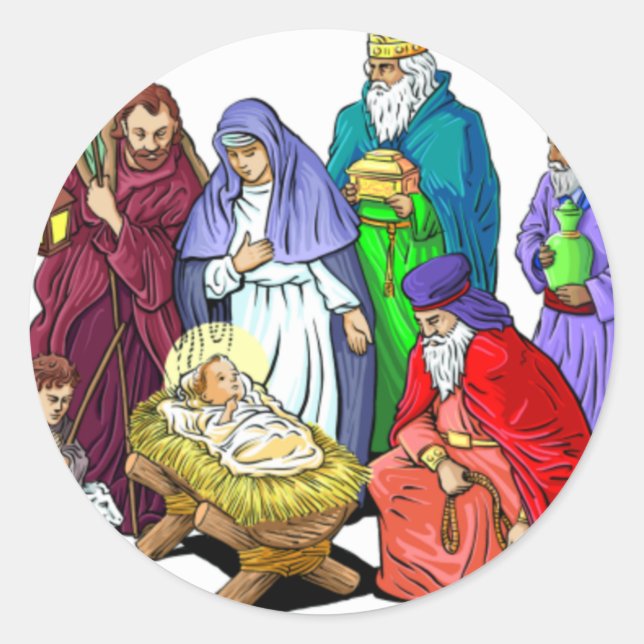 Colourful Christmas Nativity Scene Classic Round Sticker (Front)