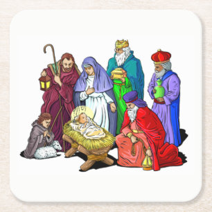 Colourful Christmas Nativity Scene Square Paper Coaster