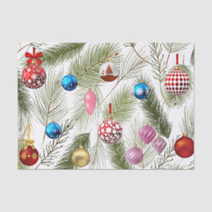Colourful Christmas Ornaments and Pine Branches Tissue Paper