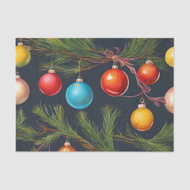 Colourful Christmas Ornaments Hanging on Tree  Tissue Paper (Front)