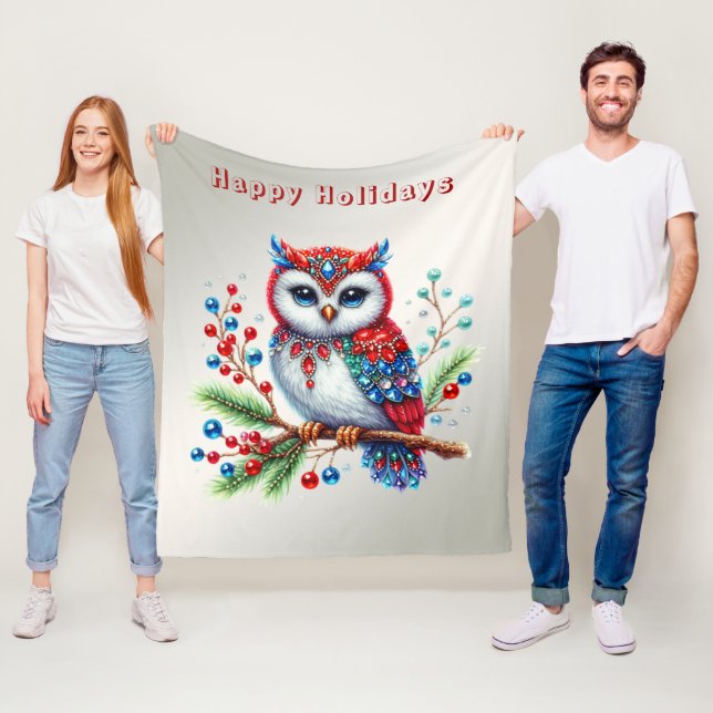 Colourful Christmas Owl Holiday Fleece Blanket (In Situ)