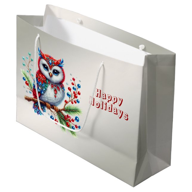 Colourful Christmas Owl Holiday Gift Bag (Front Angled)