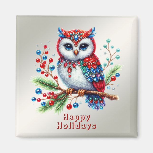 Colourful Christmas Owl Holiday Magnet (Front)