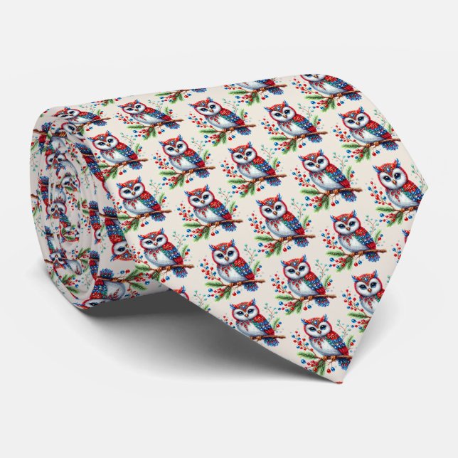 Colourful Christmas Owl Holiday Neck Tie (Rolled)
