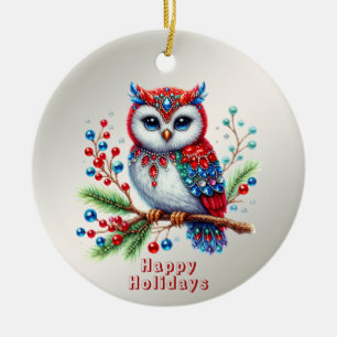 Colourful Christmas Owl Holiday Ornament