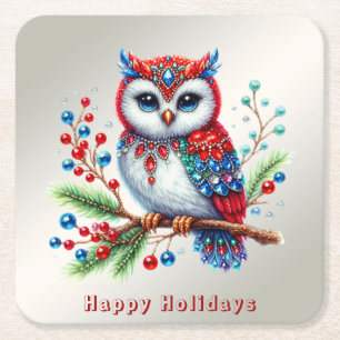 Colourful Christmas Owl Holiday Paper Coaster