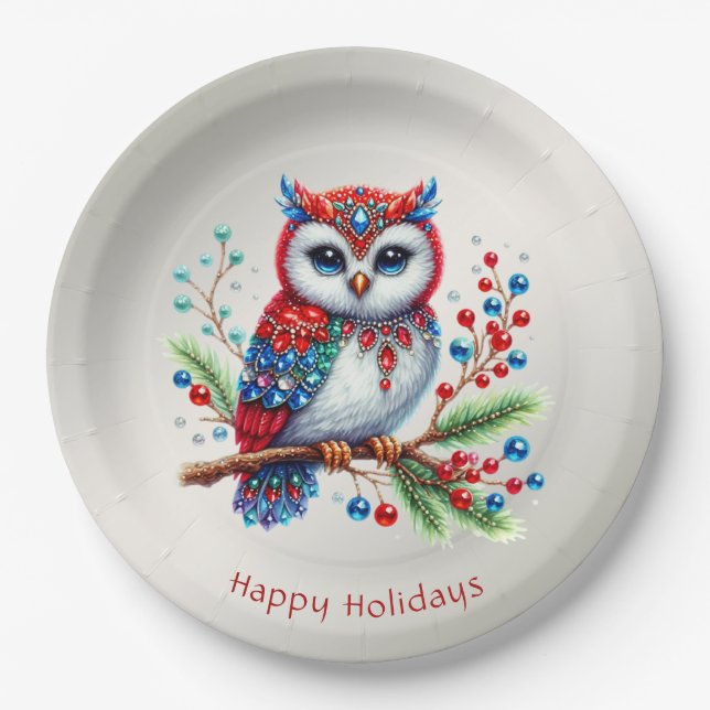 Colourful Christmas Owl Holiday Paper Plate (Front)