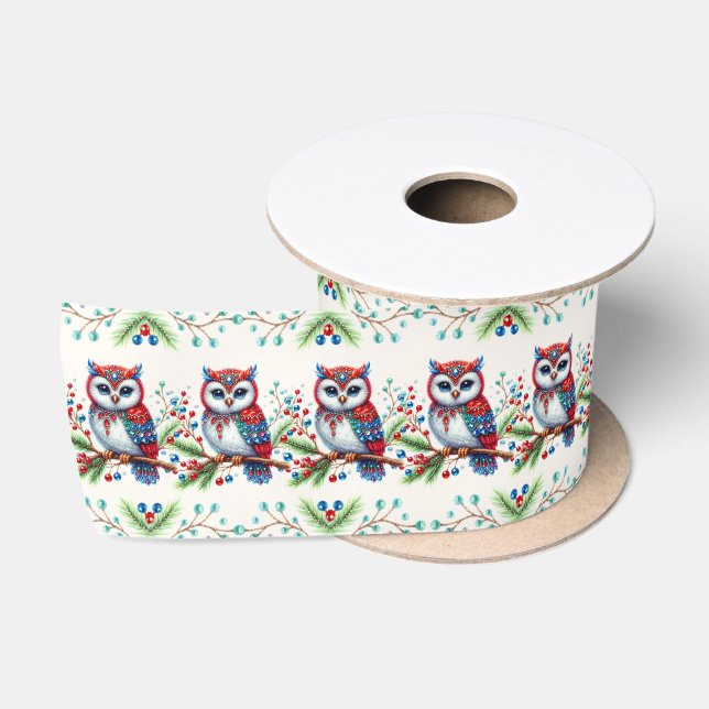 Colourful Christmas Owl Holiday Satin Ribbon (Spool)