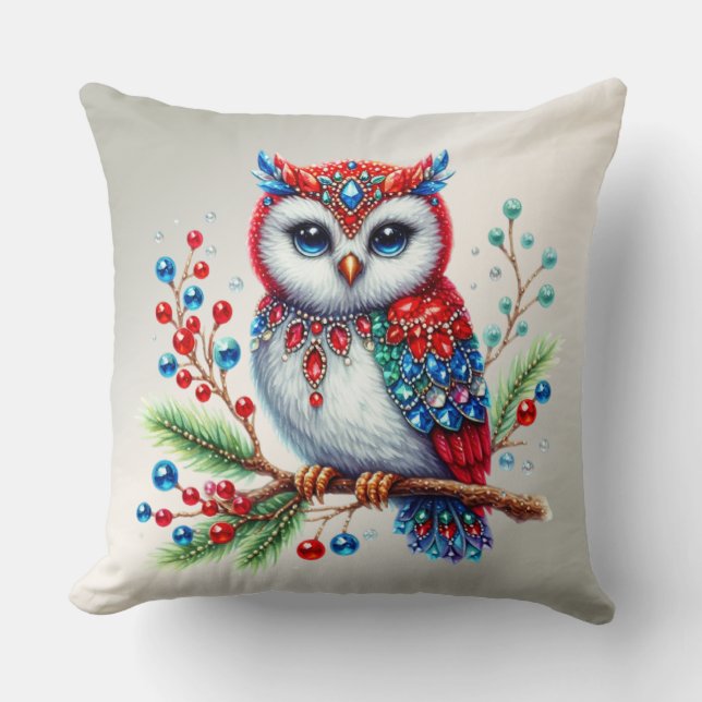 Colourful Christmas Owl Holiday Throw Pillow (Front)