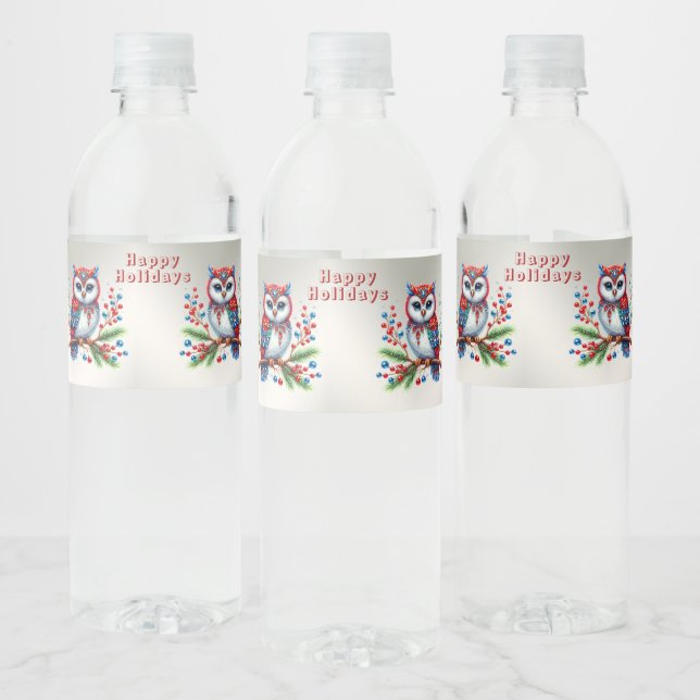 Colourful Christmas Owl Holiday Water Bottle Label (Bottles)