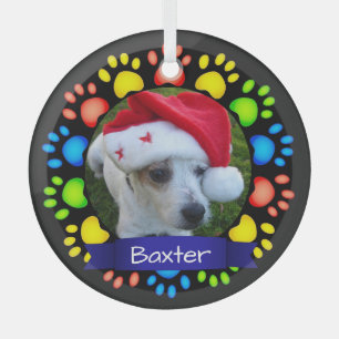 Colourful Christmas Paws Custom Pet Photo Glass Ornament