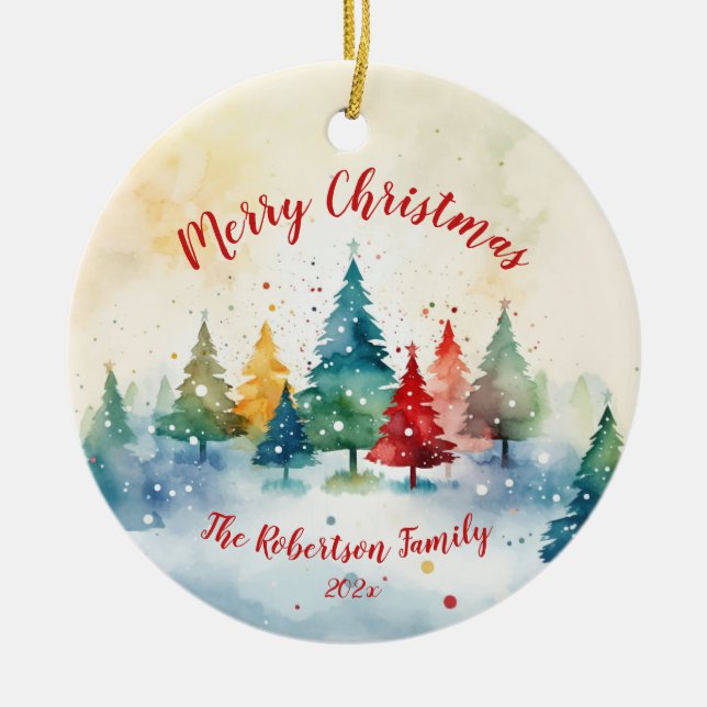 Colourful Christmas Pine Trees  Ceramic Ornament (Front)