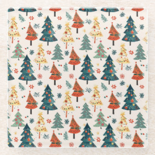Colourful Christmas Pine Trees Seamless Pattern Glass Coaster