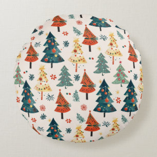 Colourful Christmas Pine Trees Seamless Pattern Round Pillow