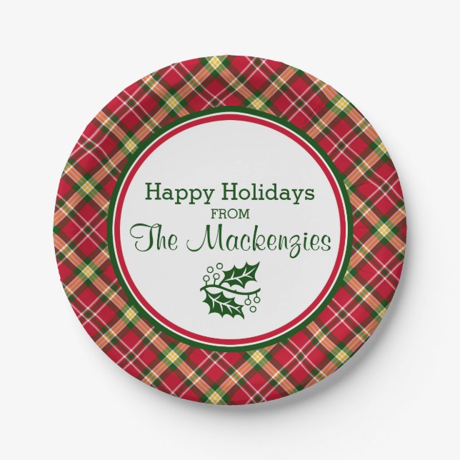 Colourful Christmas Plaid Personalized Paper Plate (Front)