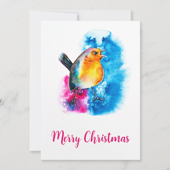 Colourful Christmas Robin Hand-Painted Watercolor Holiday Card (Front)