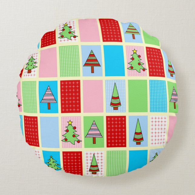 Colourful Christmas Squares Round Pillow (Front)
