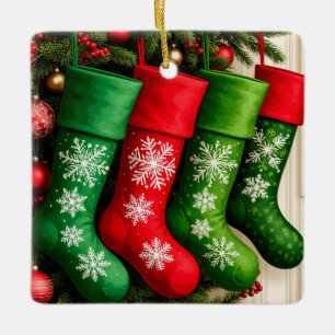 Colourful Christmas Stockings Hanging Together  Ceramic Ornament