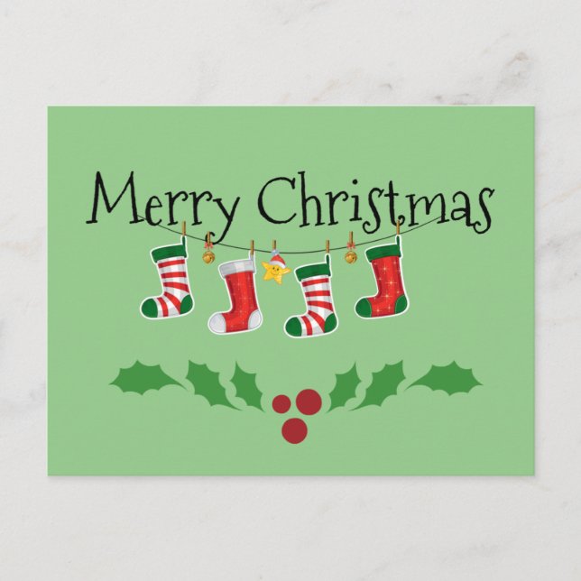 Colourful Christmas stockings--Merry Christmas Postcard (Front)