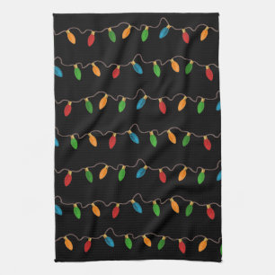 Colourful Christmas String Lights Rustic Holiday Kitchen Towel