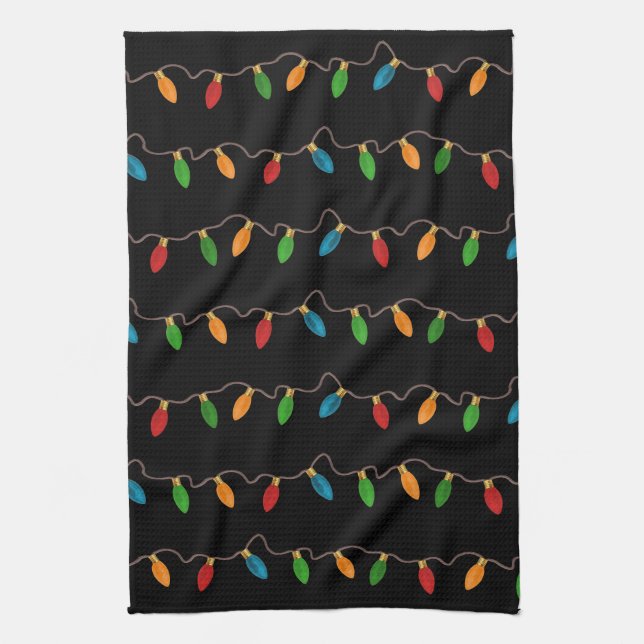 Colourful Christmas String Lights | Rustic Holiday Kitchen Towel (Vertical)