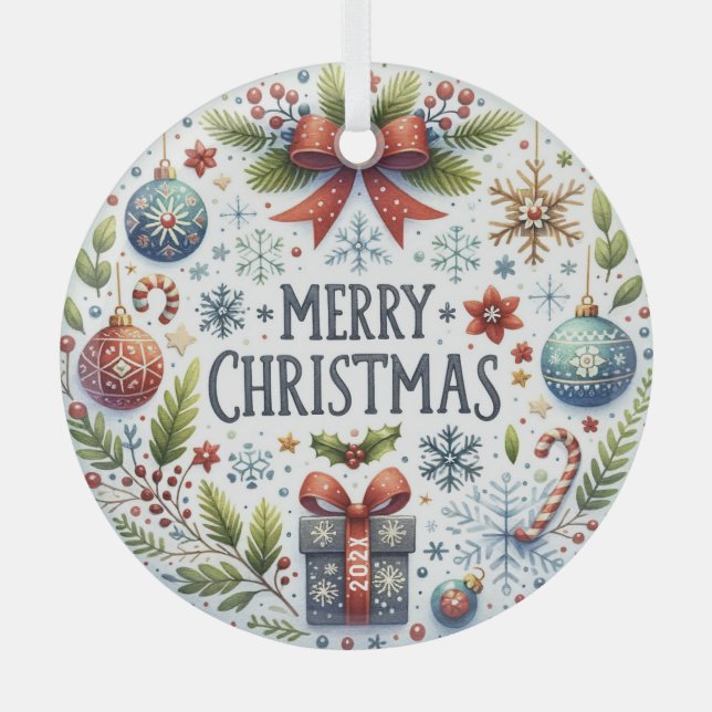 Colourful Christmas Symbols-Merry Christmas Text Glass Ornament (Front)