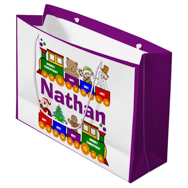 Colourful Christmas Toy Train Personalised Large Gift Bag (Front Angled)