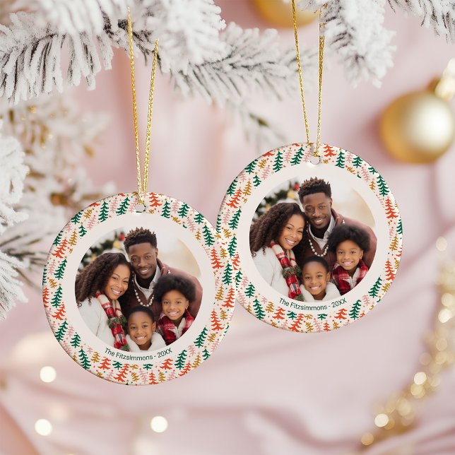 Colourful Christmas Tree 2 Sided Photo Ceramic Ornament (Retro Christmas Tree two sided Holiday Ornament )