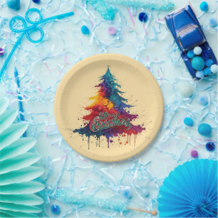 Colourful Christmas Tree Art - Merry Christmas Dec Paper Plate