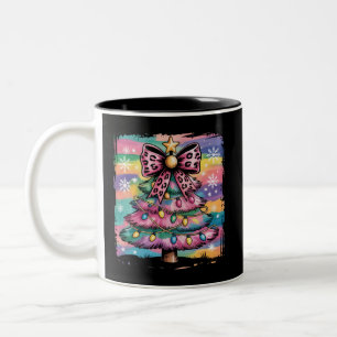Colourful Christmas Tree Coquette Preppy Pink Girl Two-Tone Coffee Mug