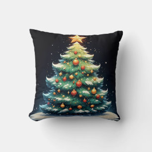 Colourful Christmas Tree Decorated with Lights Throw Pillow