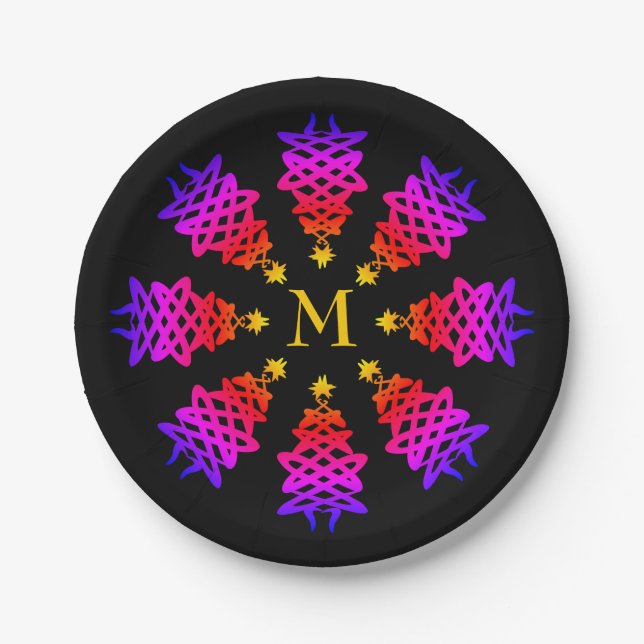 Colourful | CHRISTMAS TREE | Monogram Paper Plate (Front)