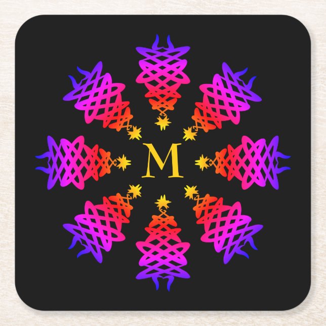 Colourful | CHRISTMAS TREE | Monogram Square Paper Coaster (Front)