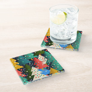 Colourful Christmas Tree Pattern Glass Coaster