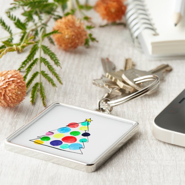 Colourful Christmas tree watercolor Keychain (Side)