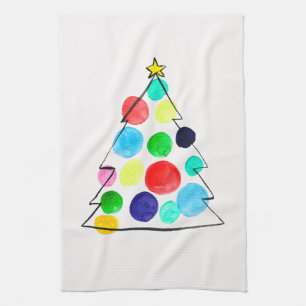 Colourful Christmas tree watercolor Kitchen Towel